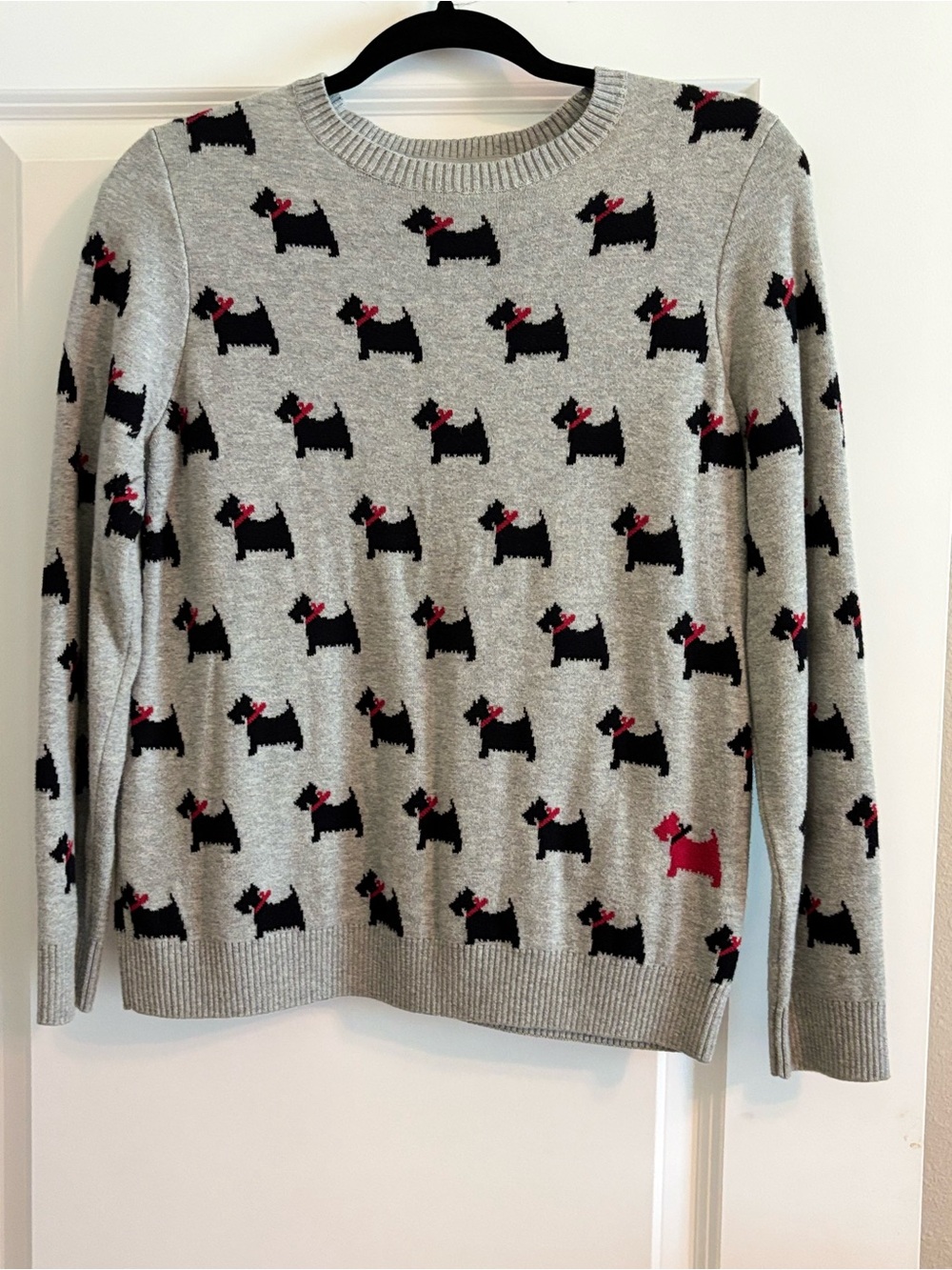 Charter Club Gray Crewneck Sweater with Black Scottie Dogs and Red Accents